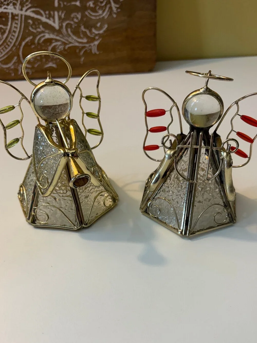 Vintage Stained Glass Angel Tea Light Candle Holders Set of 2 Christmas Brass Mu